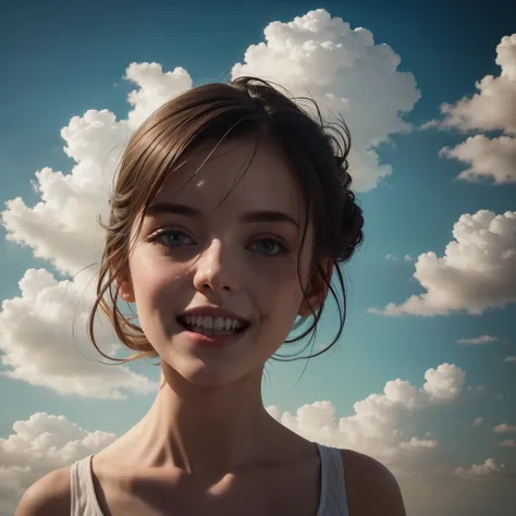 masterpiece, best quality, movie still, 1girl, floating in the sky, cloud girl, cloud, (close-up:1.1), bright, happy, fun, soft ...