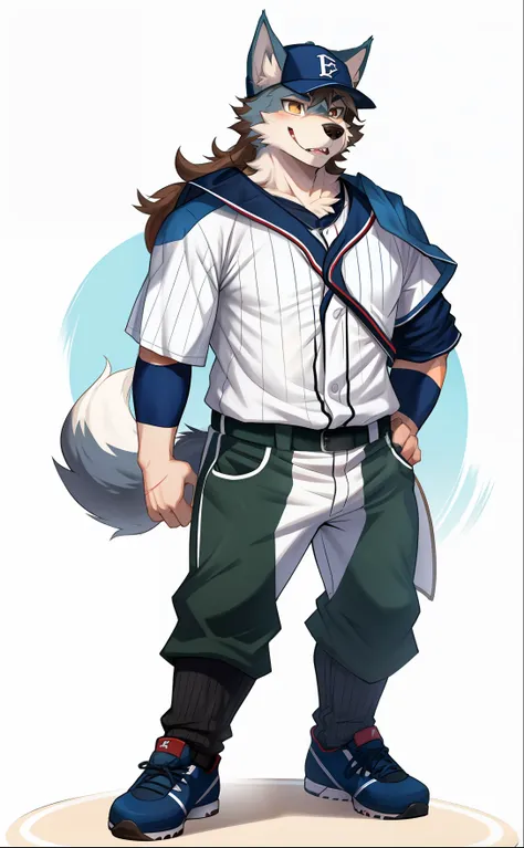 wolf boy，1 male furry, 独奏，shaggy，baseball uniforms，baseball cap，baseball pants，baseball attire，stand on the baseball field，persp...