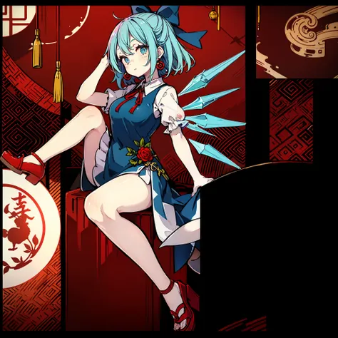 masute piece, Fine detail, 4K, 8K, 12K, Solo, One person, Beautiful Girl, caucasian female, Cirno of the Eastern Project、boobs loli、chinese clothes, Chinese dress, Chinatown