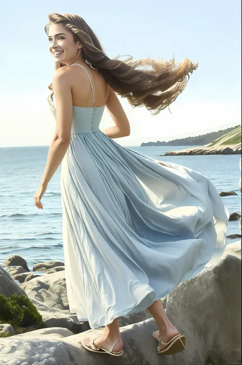 Women Long Hair Sea Summer Blue Sky White Dress Looking Back Smile