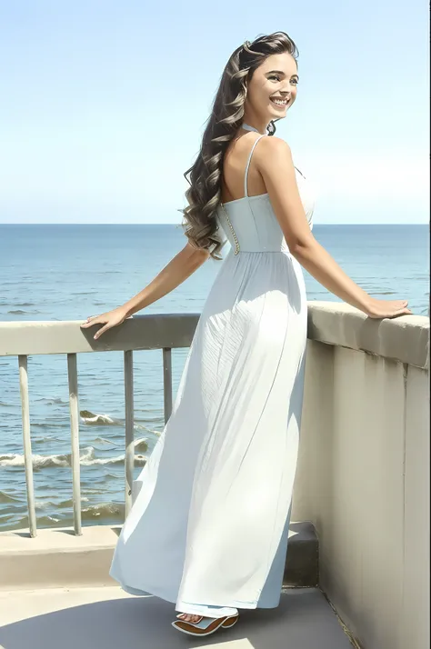 Women Long Hair Sea Summer Blue Sky White Dress Looking Back Smile