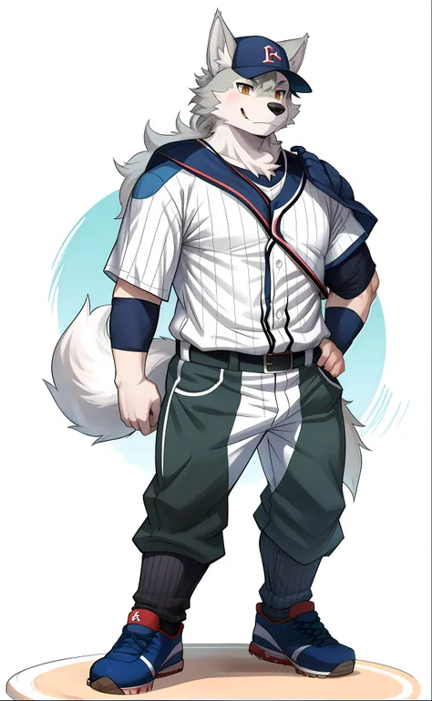 wolf boy，1 male furry, 独奏，shaggy，baseball uniforms，baseball cap，baseball pants，baseball attire，stand on the baseball field，persp...