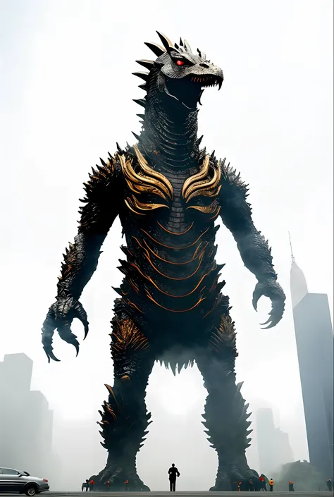 the background is smoke from the collapse of skyscrapers, kaiju towering above new york, giant mechanical monsters, dragon monst...