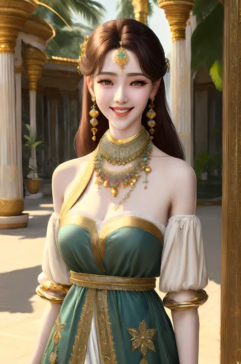 1girl ,harem outfit,masterpiece, high quality, tropical palace, bare shoulders,  looking at viewer, necklace,(masterpiece:1.2),(...