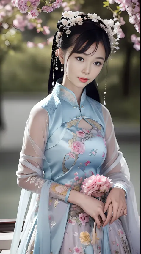 A beautiful woman wearing an embroidered cheongsam, holding a tuan fan (蒲fan) in her hand, looking at you thoughtfully, antique and antique, everyone is beautiful,