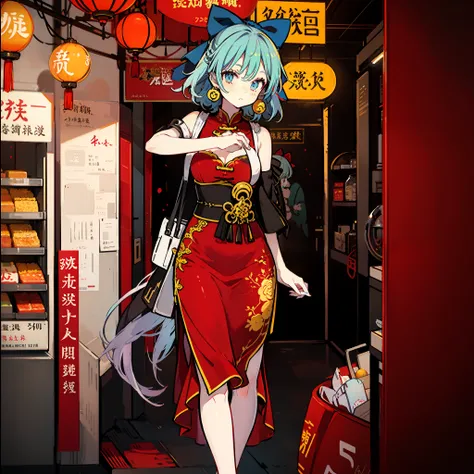 masute piece, Fine detail, 4K, 8K, 12K, Solo, One person, Beautiful Girl, caucasian female, Cirno of the Eastern Project、boobs loli、shorth hair、chinese clothes, Chinese dress, Chinatown