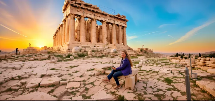 arafed mujer sentada en un banco frente a un edificio, en ancinet agora de atenas, parthenon, atenas al fondo, de pie ante ruina...