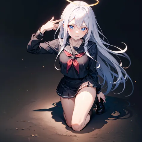 巨作, Best quality, 巨作,Best quality,offcial art,Extremely detailed CG unity 8k wallpaper, crepuscular, strong rimlight, intense shadow, Game_CG, girl, hair between eye, Blue eyes, Small breasts, tsurime, Long hair, White hair, Putting up with_face, Kneeling,...
