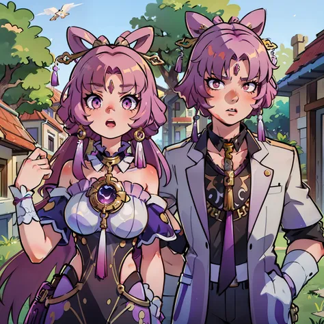 two people, one male and one female, with cat ears and purple hair