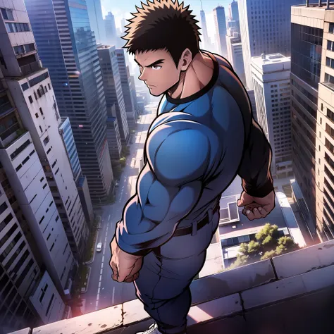 generate anime-style art with a high-angle shot of a muscular male character with his body facing the camera, the character is s...