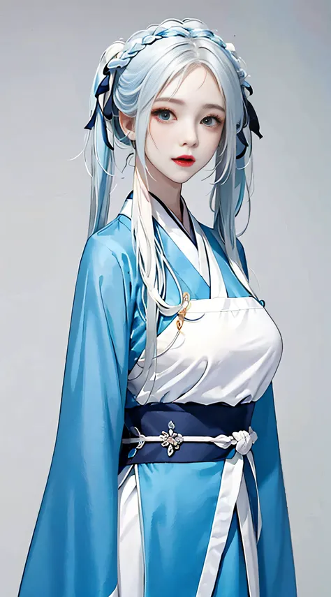 1个Giant Breast Girl,Hanfu,pigtails,white color hair,(white-skinned:1.2),(silver blue hair),Colored inner hair