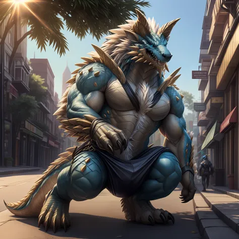 hexagons，zinogre，a male dragon，blue skin，blue short，the is erect，big bag，implied，musculature，looks happy，a backdrop of：bright st...