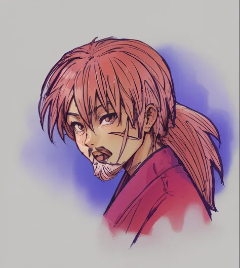 kenshin mais velho, com barba branca e cabelos grisalhos, desenho anime de um homem com barba e camisa vermelha, inspired by tai...