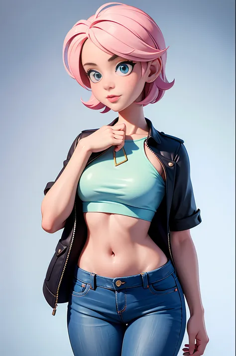 super sexy maria dressed （low-cut and tight （flared jeans））， （（pink crop top top：1.5） vest with exposed neckline）， short hair, t...