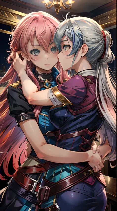 2 girls kissing and hugging, they are fie claussell and sara valestein (from cold steel trails 4), masterpiece, best quality, 8k...