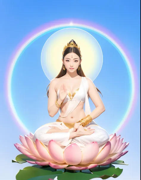 1 goddess bodhisattva in a lotus sitting position，smiling at her lips，gorgeous flowing hair，sportrait，（skin is smooth and natura...