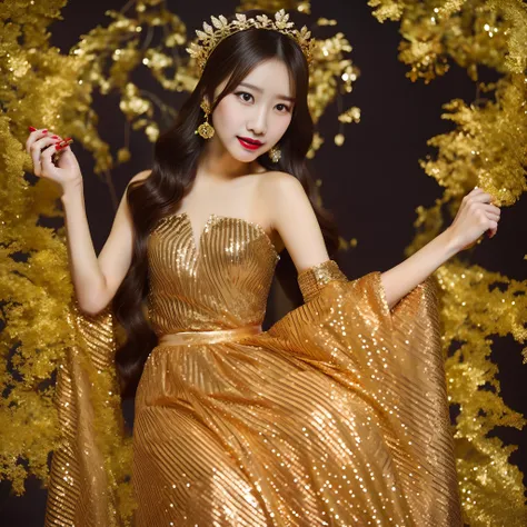 liu yifei，golden colour，longdress，beautiful pupils，lipsticks，sequins，diadems，harnes，exposing thighs，expose arms