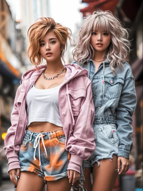 2 girls, fashionable street style , young, hoodie, denim shorts, croptop, side view, fun, colorful, ultra detailed, different ha...