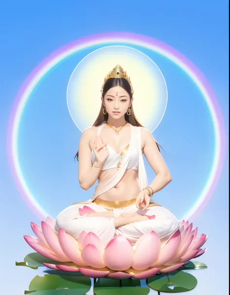 1 goddess bodhisattva in a lotus sitting position，smiling at her lips，gorgeous flowing hair，sportrait，（skin is smooth and natura...