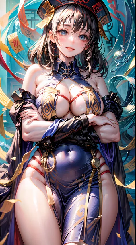 masterpiece,1girl,solo,black hair,underboob, hat,light_smile,ofuda,china dress, crossed arms,