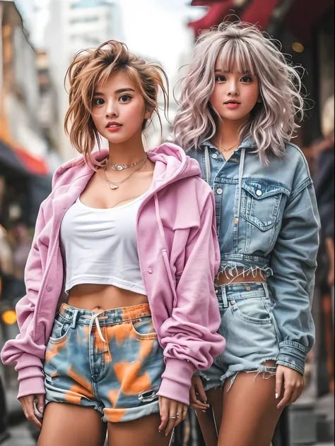 2 girls, fashionable street style , young, hoodie, denim shorts, croptop, side view, fun, colorful, ultra detailed, different ha...