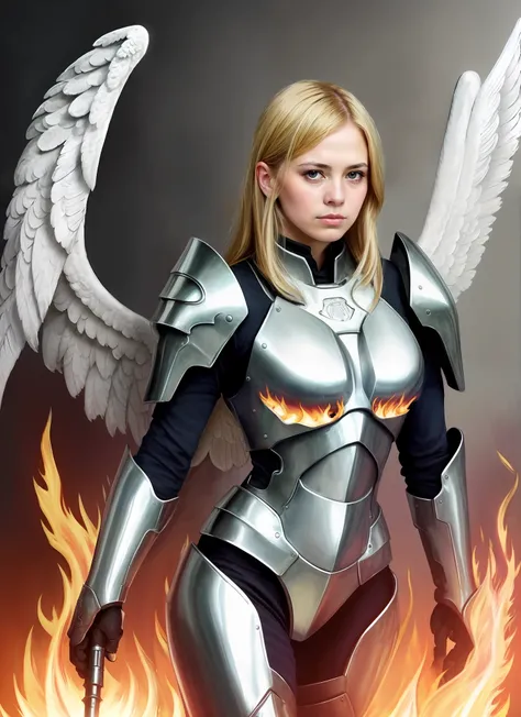 Best quality, 4K, (Sharp focus:1.1), realistic detail, angel with blonde hair, fantasy, fantasy portrait, Fire, (wings made of fire:1.3), weapon made of fire, white and gold engraved metal armor, halo made of fire, Night sky,Photorealistic,NSFW,Sexy,Female...