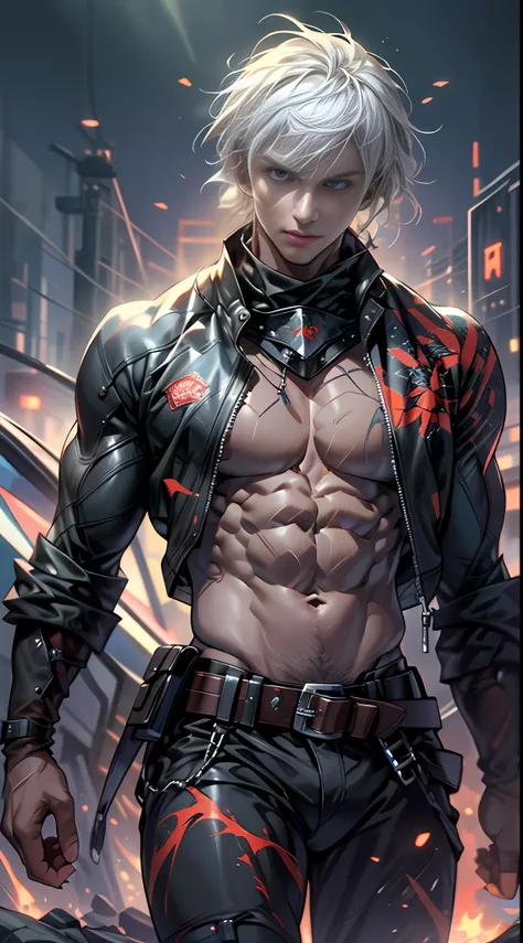(Libido boy:1.8)Dark boy, Short silver-white hair swaying in the wind, Handsome and handsome clear face, Three-dimensional facial features, Detailed and delicate red pupils, The body exudes evil black gas, Abs,black tattoos,The gas is constantly rising, F...