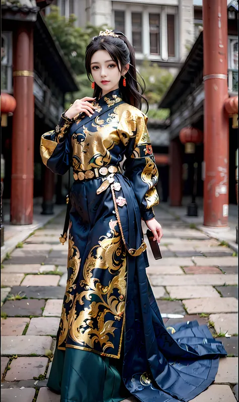 feiyu_clothes, blue fabric, gold embroidery, black bracer with golden embroidery, high ponytail, depth of field, night cityscape...