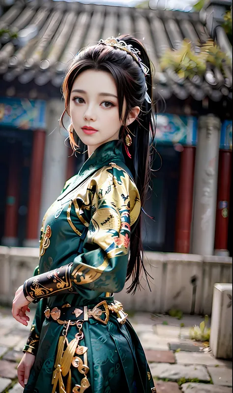 feiyu_clothes, blue fabric, gold embroidery, black bracer with golden embroidery, high ponytail, depth of field, night cityscape...