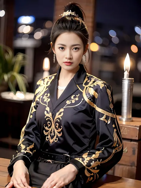 feiyu_clothes, white fabric, gold embroidery,  black bracer with golden embroidery,  white collar, high ponytail,  headband, dep...