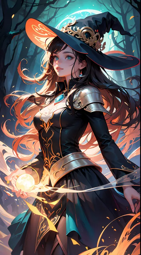 (best quality, masterpiece, realistic, detailed), 8k CG, perfect artwork, 1 girl, adult hungarian woman, slender, freckles, solo, teal eyes, light brown long hair, portrait, looking down, solo, (full body:0.6), detailed background, light smile, witch hat, ...