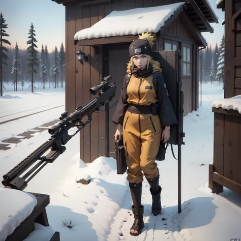 Temari(naruto anime ) , in snow , sniper rifle ( AS-50 ) , full body , seductiv, best quality , masterpiece , 8k , best illustration.