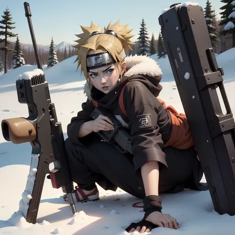 Temari(naruto anime ) , in snow , sniper rifle ( AS-50 ) , full body , seductiv, best quality , masterpiece , 8k , best illustration.