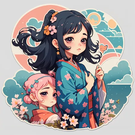 1 sticker, sticker, nikkaze, (cute girl), (gorgeous kimono), (gorgeous hair accessory), (Japanese traditional hairstyle), cherry blossoms, clouds, behind is a huge round moon, stars, white background, no background, simple background, minimal, cute, tiny, ...