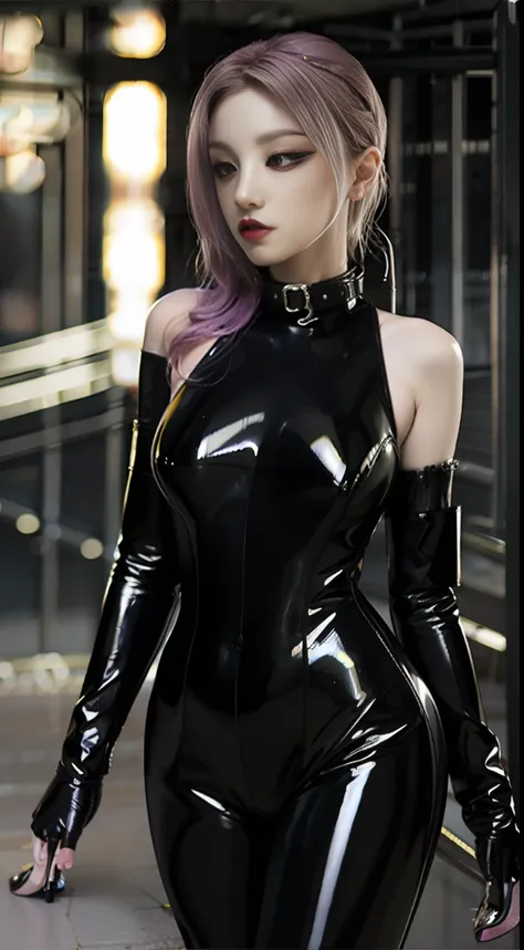 solo, super fine photo, full body photo picture unreal engine 5 8k uhd, black color scheme tight and thick latex catsuit, slim b...