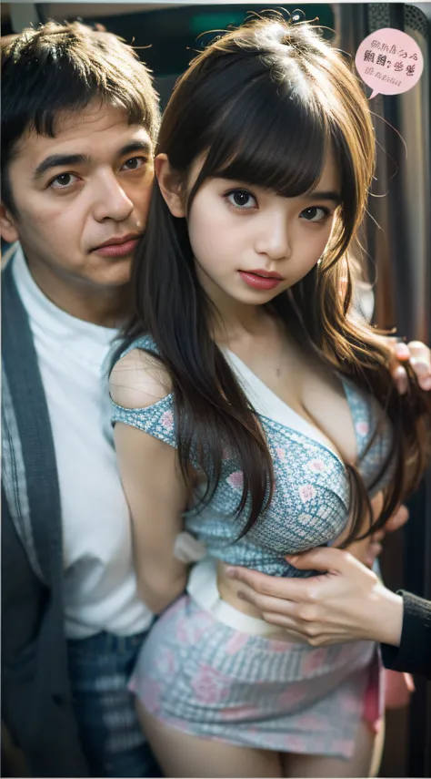 (molesting)、congestion、Large crowds、Passers-by、The train crowded several men、Old man hugging her from behind、(Man grabbing her)、(Man touching her ass)、40k, The photograph, шедевр, beste-Qualit, Dark gray background, (1 Girl Shy Face Blue Eyes and Blonde Ha...