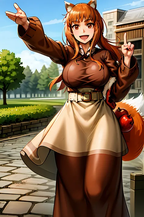 (holo:1.5), (holoBrownDress:1.5), masterpiece, best quality, absurdres, 1girl, looking at viewer, standing, cowboy shot, outdoors, medieval, cobblestone street, town, pouch, sash, smile, fruit, apple, basket,huge breast, curvy, silver hair, white hair