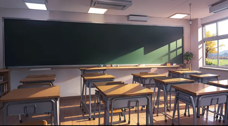 primary school、in class、landscapes、chalk board、desk、pupils