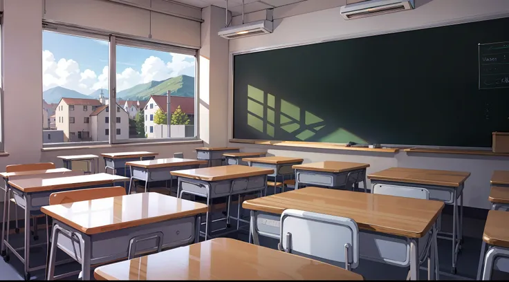 primary school、in class、landscapes、chalk board、desk、pupils