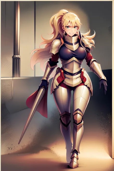 full armor, knight, vest, walking, full body,blond hair, pony tail,, huge breast, tall, smile, blush