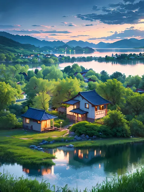 there is a small house on a small island in the middle of a lake, beautifully lit landscape, peaceful landscape, serene landscape, beautiful serene landscape, amazing landscape, in a serene landscape, an amazing landscape image, dreamy landscape, beautiful...