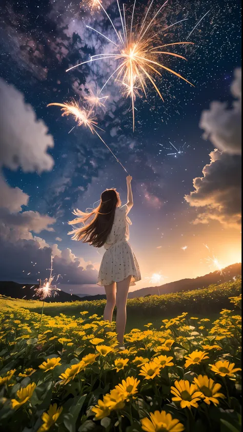 Vast landscape photos、(The sky is up as seen from below、The field is down)、Girl standing in a flower garden and looking up、(sparklers:1.2)、(meteors:0.9)、(nebulas:1.3)、mountain in the distance々、The tree々 BREAK Craft Art、(warm light:1.2)、(fireflys:1.2)、light...
