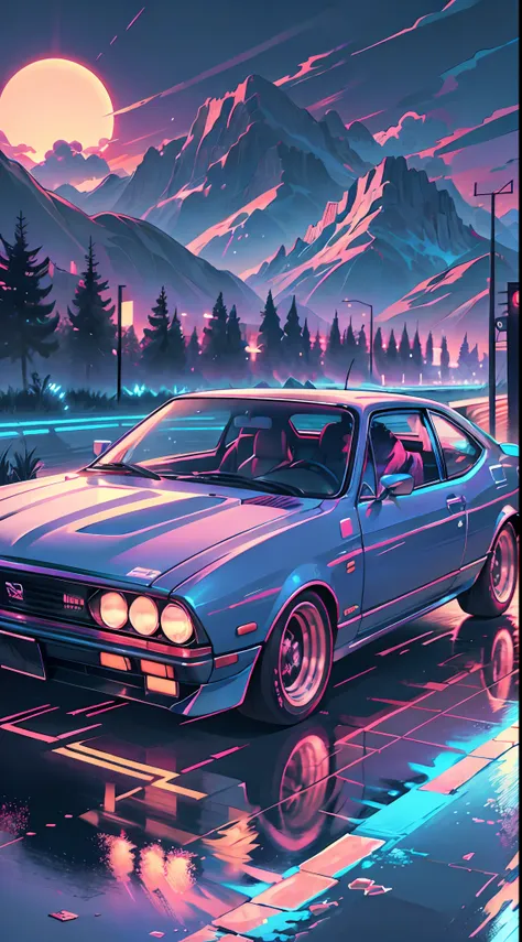 retrowave. city, 1969 nissan s30, wide body kit, road,  purple neon lights, sun, mountain, 
(masterpiece,detailed,highres),