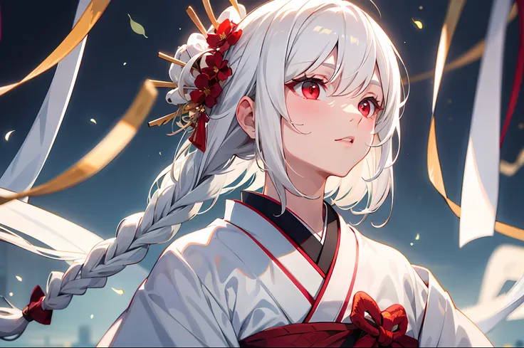 best quality, masterpiece,white hair, red eyes,white clothes, looking up, upper body,hair strand,fair skin,side braids,kimono