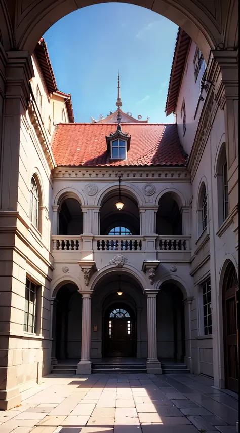 front setting of a very large administrative building with a wide, grey courtyard