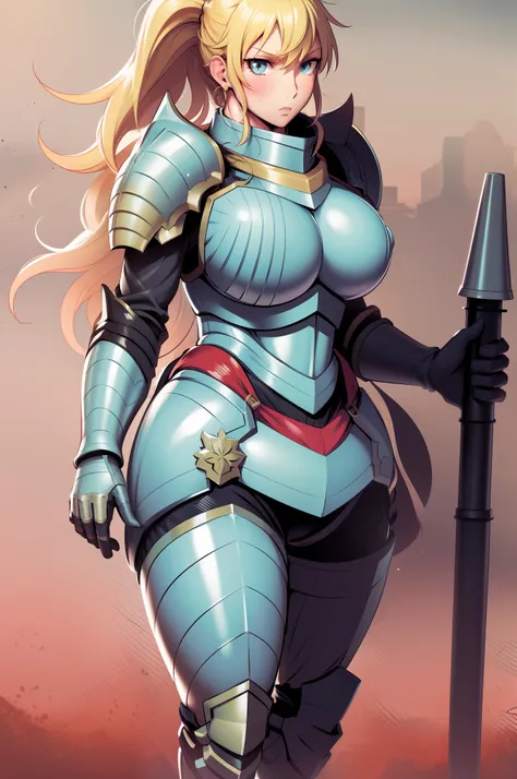 full armor, knight, vest, walking, full body,blond hair, pony tail,, huge breast, tall, blush