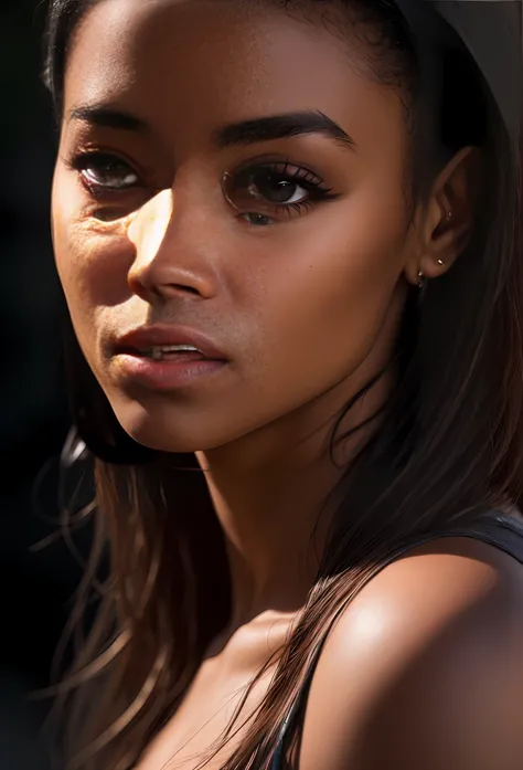 detailed black woman face looking at camera dark-brown eyes