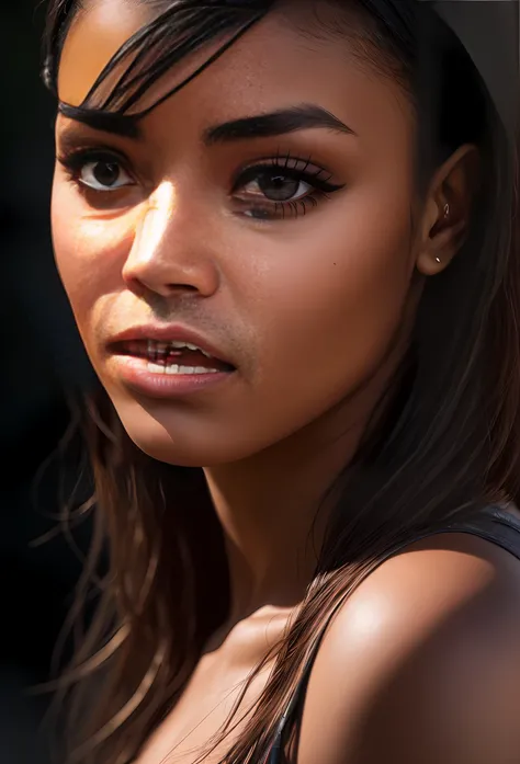 detailed black woman face looking at camera dark-brown eyes