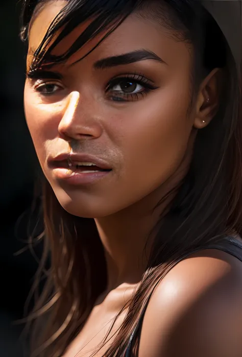 detailed black woman face looking at camera dark-brown eyes