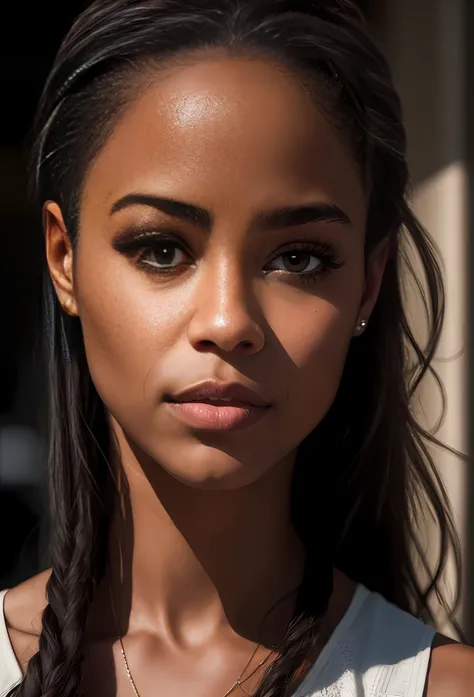 detailed black woman face looking at camera dark-brown eyes